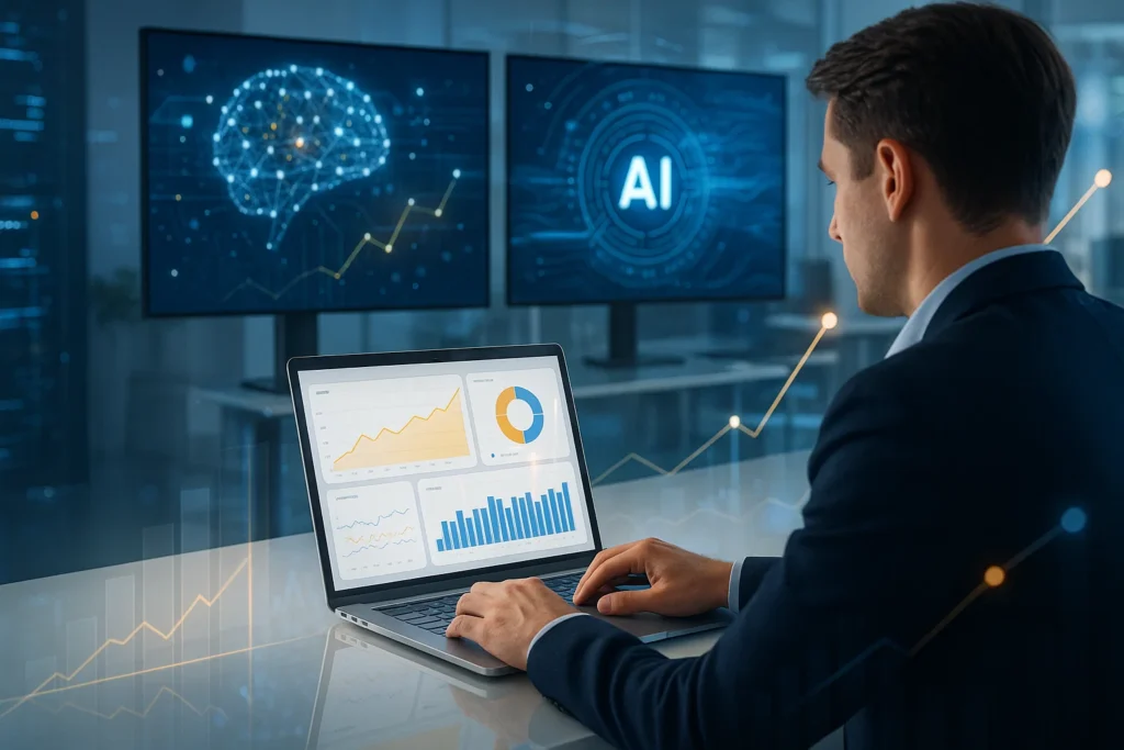 AI SEO analyst reviewing traffic analytics and performance charts to track growth.