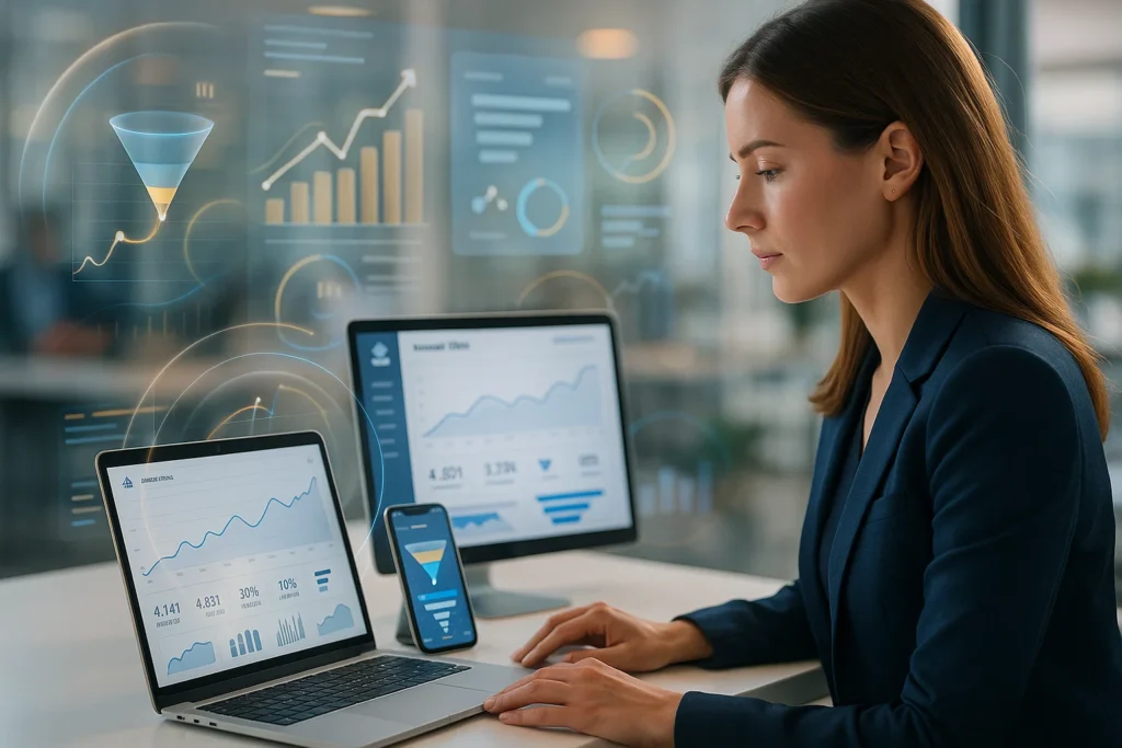 Digital marketing analytics dashboard review with charts and conversion metrics.