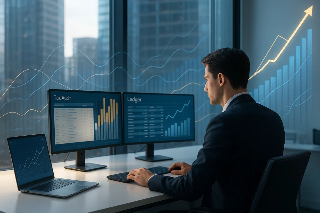 Analysts reviewing financial services SEO dashboards with keyword rankings, traffic growth charts, and lead generation metrics during a European market case study.