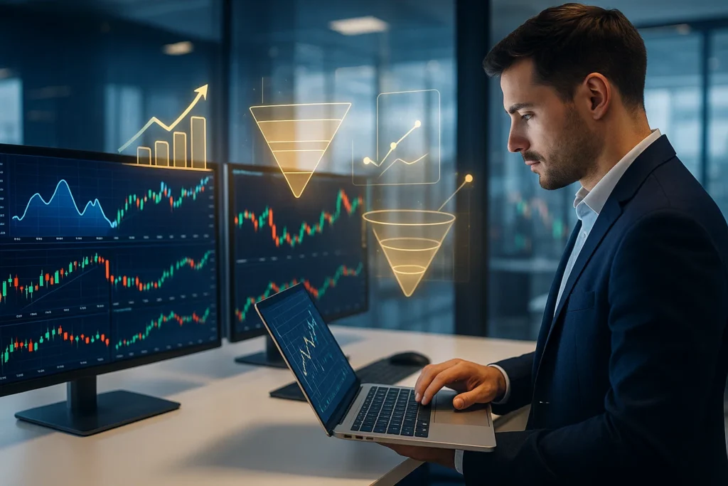 Forex broker SEO conversion funnel analysis showing trading charts and organic growth metrics.