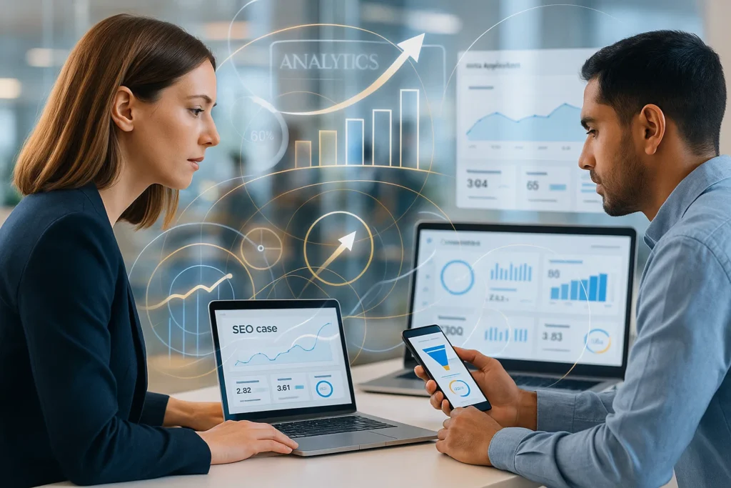 SEO team analytics dashboard collaboration during a strategy review.